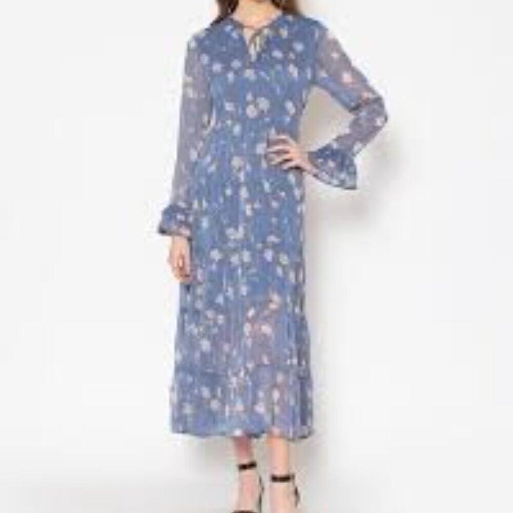 Patrons of Peace Blue Floral Bishop Sleeve Midi Semi Sheer Size M - Picture 2 of 7